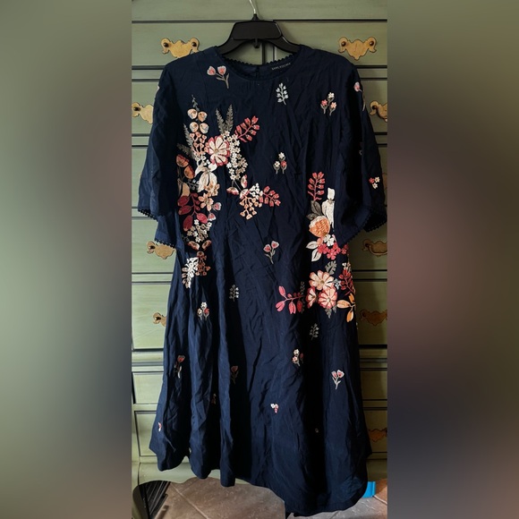 Sahil Kochhar Asymmetrical Navy Blue Chanderi Embroidered Tunic Dress, L - Picture 5 of 7